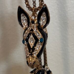 Enamel Zebra Pendant Necklace with Rhinestones - Black & Gold